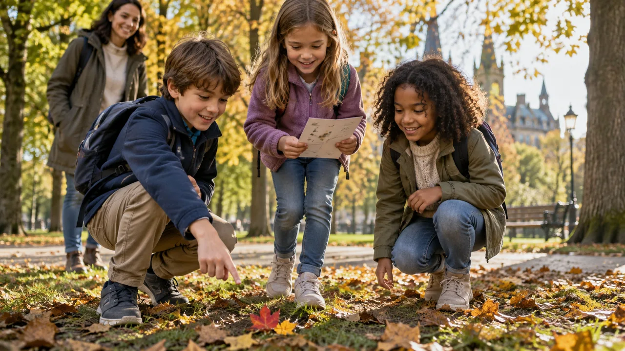 Kindergruppe löst gemeinsam eine Suchaufgabe im Park