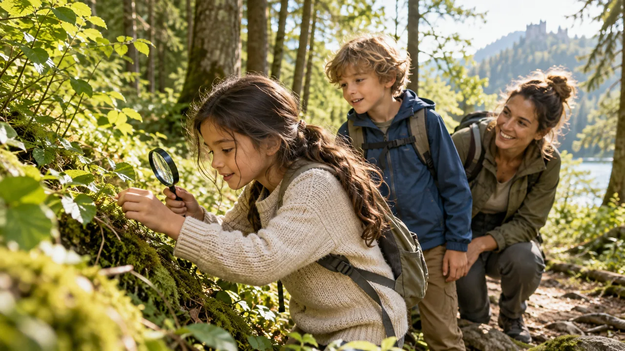 Kinder entdecken zusammen mit einer Erwachsenen Pflanzen auf einem Waldweg